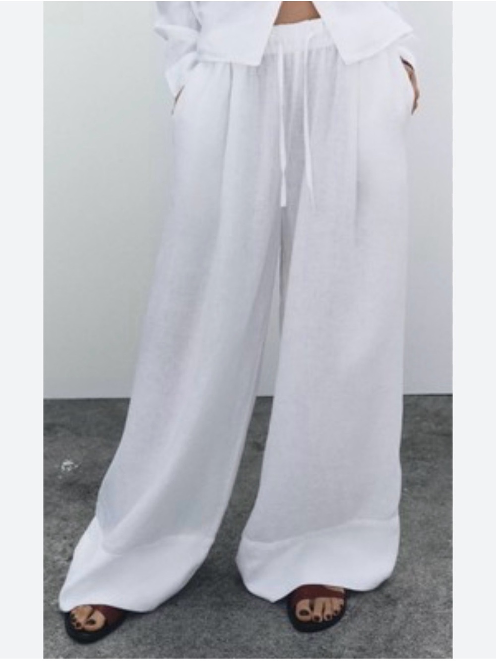 Zara White Wide-Leg 100% cotton Blend Pants with Drawstring